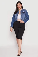 Womens Plus WAX Distressed Cropped Denim Jacket, Blue,
