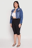 Womens Plus WAX Distressed Cropped Denim Jacket, Blue,