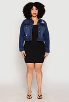 Womens Plus WAX Distressed Cropped Denim Jacket, Blue,