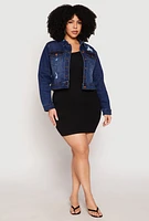 Womens Plus WAX Distressed Cropped Denim Jacket, Blue,
