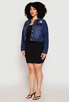 Womens Plus Size WAX Distressed Cropped Denim Jacket, Blue, Size 3X