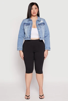 Womens Plus Size WAX Distressed Cropped Jean Jacket, Blue, Size 2X