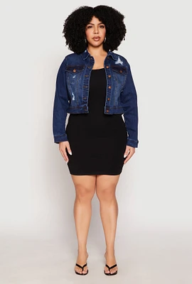 Womens Plus Size WAX Distressed Cropped Jean Jacket, Blue, Size 2X
