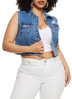 Womens Plus WAX Distressed Cropped Denim Vest, Blue,
