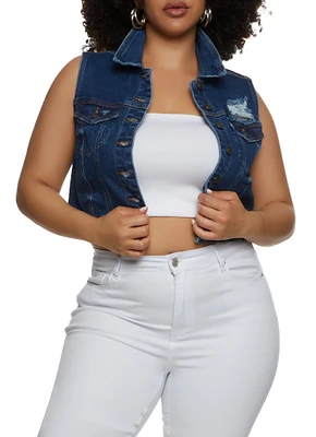 Womens Plus WAX Distressed Cropped Denim Vest, Blue,