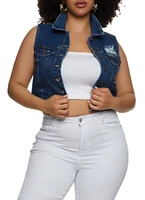 Womens Plus WAX Distressed Cropped Denim Vest, Blue,