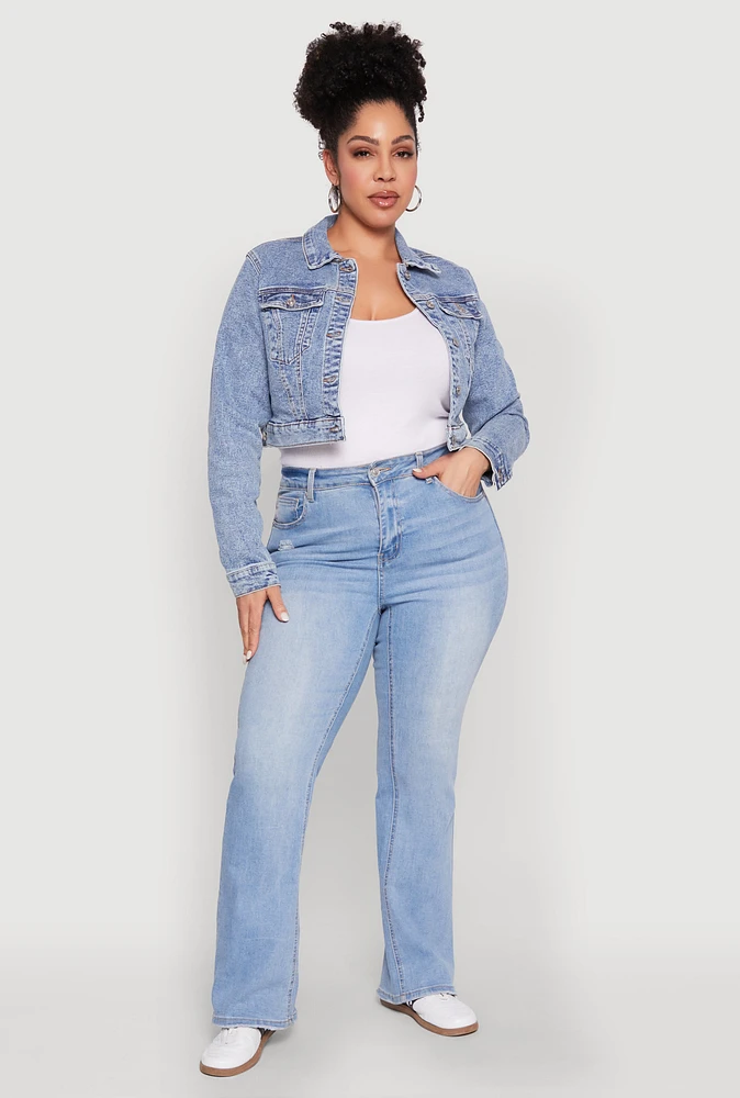 Womens Plus Size WAX Cropped Jean Jacket, Blue, Size 2X