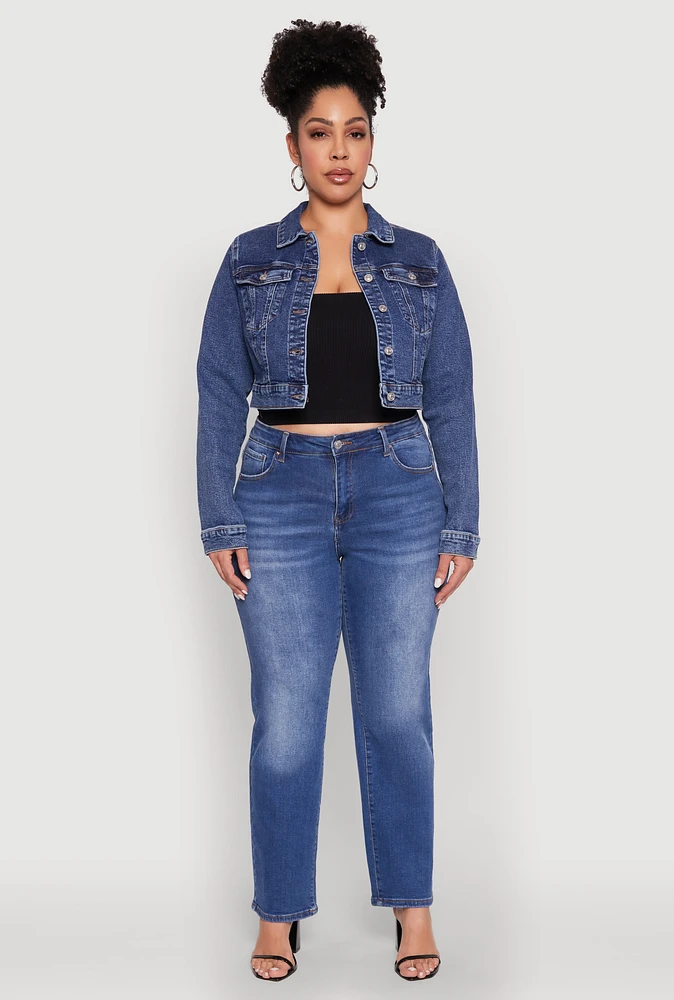 Womens Plus Size WAX Cropped Jean Jacket, Blue, Size 1X