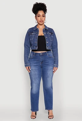 Womens Plus Size WAX Cropped Jean Jacket, Blue, Size 1X