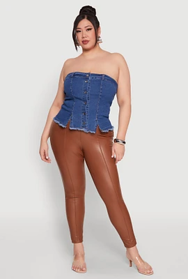 Womens Plus Size Frayed Split Hem Denim Tube Top, Blue, Size 3X