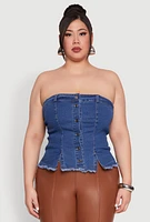 Womens Plus Size Frayed Split Hem Denim Tube Top, Blue, Size 3X
