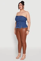 Womens Plus Size Frayed Split Hem Denim Tube Top, Blue, Size 3X