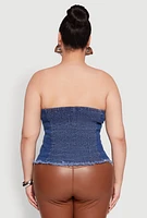 Womens Plus Size Frayed Split Hem Denim Tube Top, Blue, Size 3X