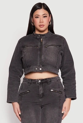 Womens Plus Size Almost Famous Denim Moto Cropped Jacket, Grey, Size 2X