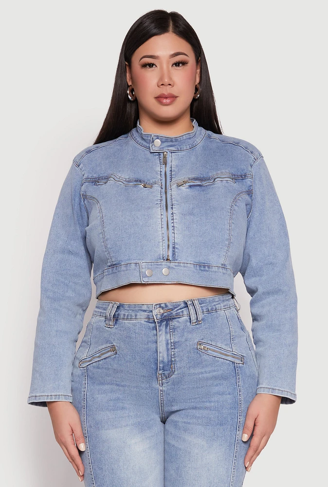 Womens Plus Size Almost Famous Denim Moto Cropped Jacket, Blue, Size 1X