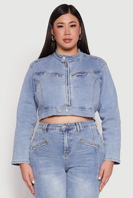 Womens Plus Size Almost Famous Denim Moto Cropped Jacket, Blue, Size 1X