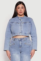 Womens Plus Size Almost Famous Denim Moto Cropped Jacket, Blue, Size 1X