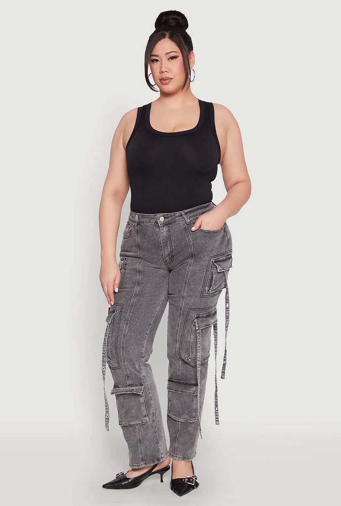 Womens Plus Size Mineral Wash Pintuck Cargo Jeans, Grey, Size 20