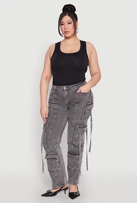 Womens Plus Size Mineral Wash Pintuck Cargo Jeans, Grey, Size 20