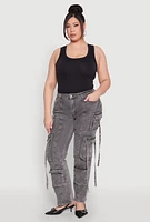Womens Plus Size Mineral Wash Pintuck Cargo Jeans, Grey, Size 20