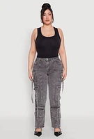 Womens Plus Size Mineral Wash Pintuck Cargo Jeans, Grey, Size 24