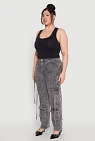 Womens Plus Size Mineral Wash Pintuck Cargo Jeans, Grey, Size 20