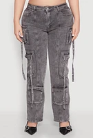 Womens Plus Size Mineral Wash Pintuck Cargo Jeans, Grey, Size 20