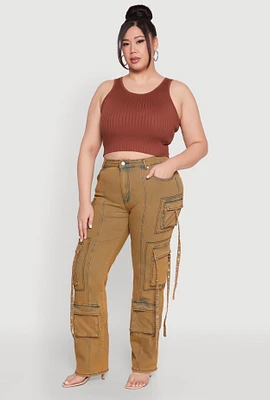 Womens Plus Size Mineral Wash Pintuck Cargo Jeans, Brown, Size 22