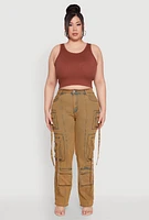 Womens Plus Mineral Wash Pintuck Cargo Jeans, Brown,