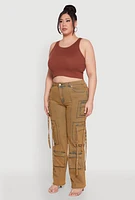 Womens Plus Size Mineral Wash Pintuck Cargo Jeans, Brown, Size 22