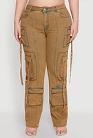 Womens Plus Size Mineral Wash Pintuck Cargo Jeans, Brown, Size 22