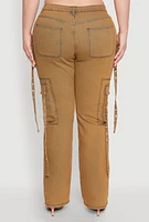Womens Plus Size Mineral Wash Pintuck Cargo Jeans, Brown, Size 22