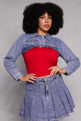 Womens Plus Denim Distressed Cropped Jean Jacket,
