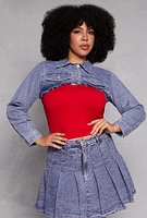 Womens Plus Denim Distressed Cropped Jean Jacket,