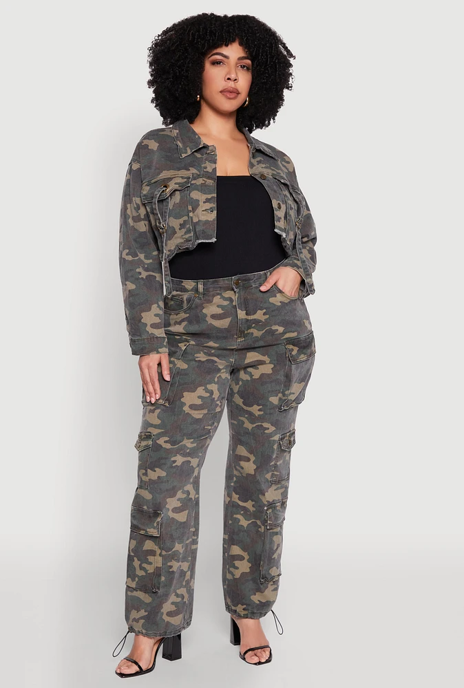 Womens Plus Size Camo Denim Cargo Joggers, Green, Size 3X