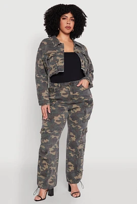 Womens Plus Size Camo Denim Cargo Joggers, Green, Size 3X