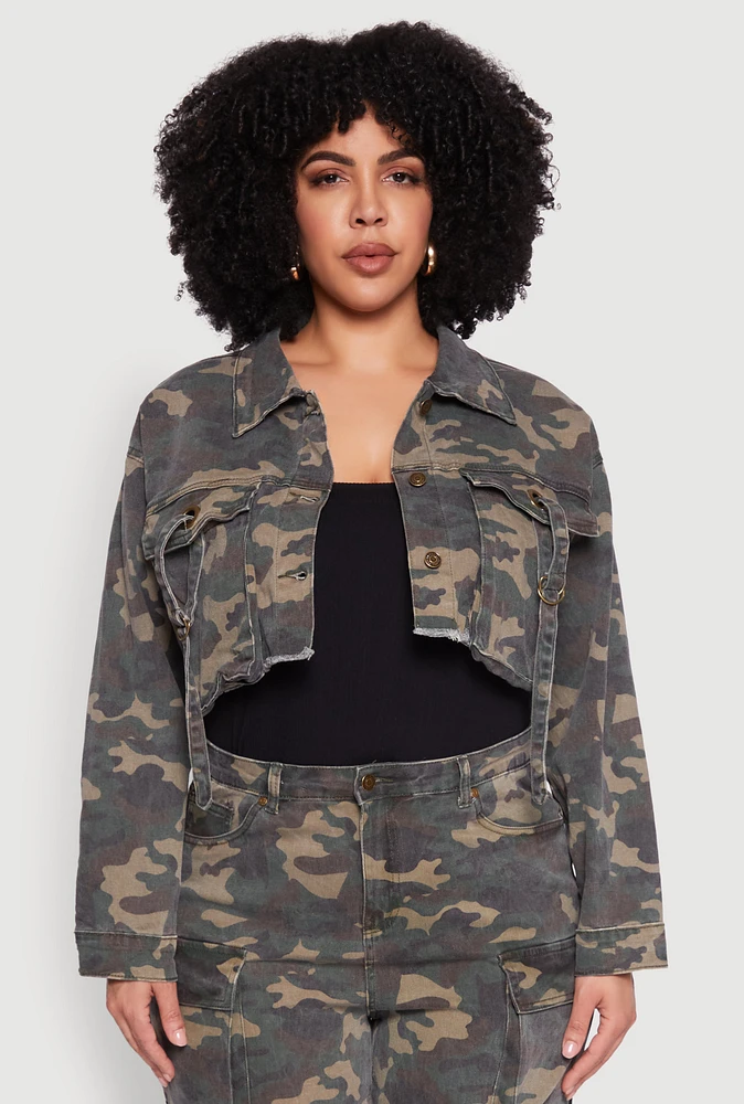 Womens Plus Size Camouflage Cropped Cargo Jacket, Green, Size 2X