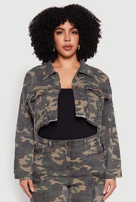 Womens Plus Size Camouflage Cropped Cargo Jacket, Green, Size 2X