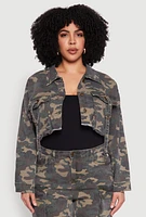 Womens Plus Size Camouflage Cropped Cargo Jacket, Green, Size 2X