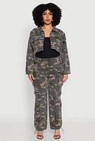 Womens Plus Size Camouflage Cropped Cargo Jacket, Green, Size 2X