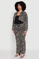 Womens Plus Size Camouflage Cropped Cargo Jacket, Green, Size 2X