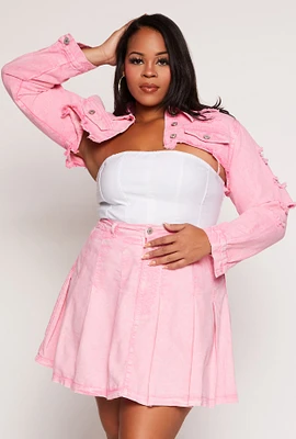 Womens Plus Size Distressed Denim Bolero Jacket, Pink, Size 1X