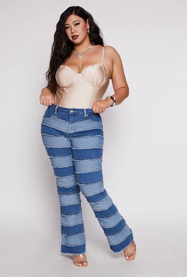 Womens Plus Size Frayed Patchwork Boot Cut Jeans, Blue, Size 18