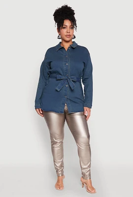 Womens Plus Size Tie Waist Belted Denim Shirt, Blue, Size 3X