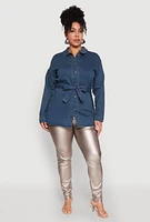 Womens Plus Size Tie Waist Belted Denim Shirt, Blue, Size 3X