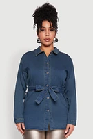 Womens Plus Size Tie Waist Belted Denim Shirt, Blue, Size 3X