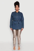 Womens Plus Size Tie Waist Belted Denim Shirt, Blue, Size 3X