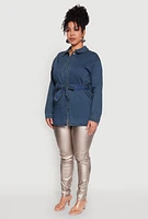 Womens Plus Size Tie Waist Belted Denim Shirt, Blue, Size 3X
