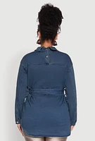 Womens Plus Size Tie Waist Belted Denim Shirt, Blue, Size 3X