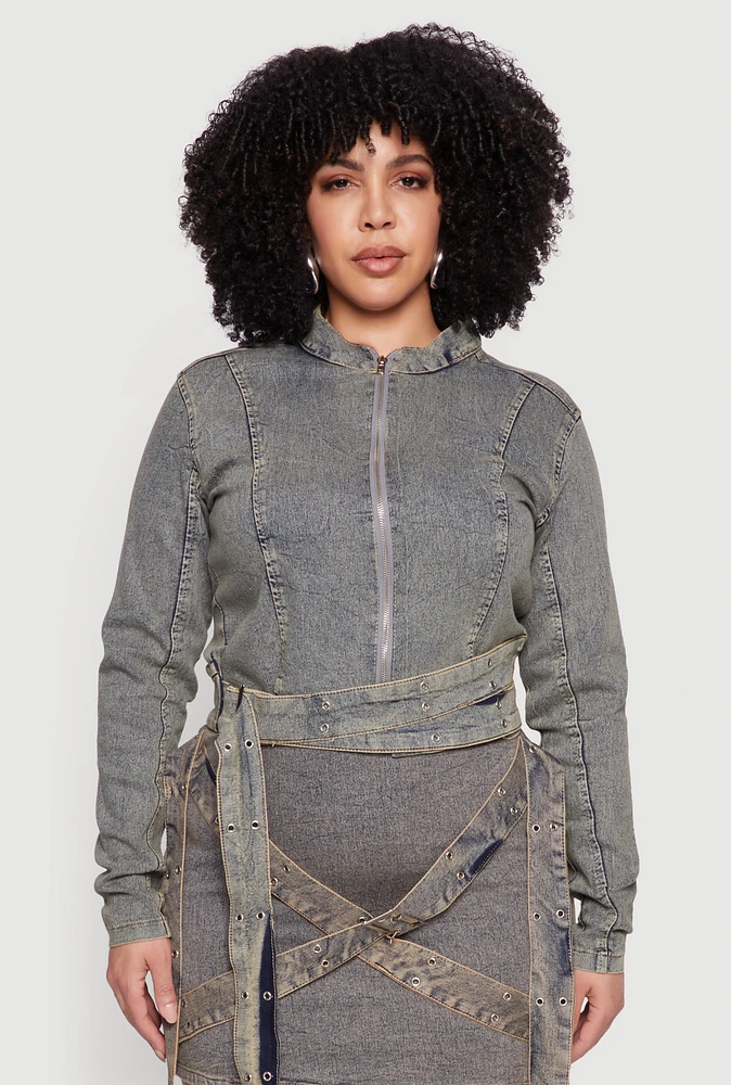 Womens Plus Size Mineral Wash Buckle Strap Jean Jacket, Blue, Size 1X